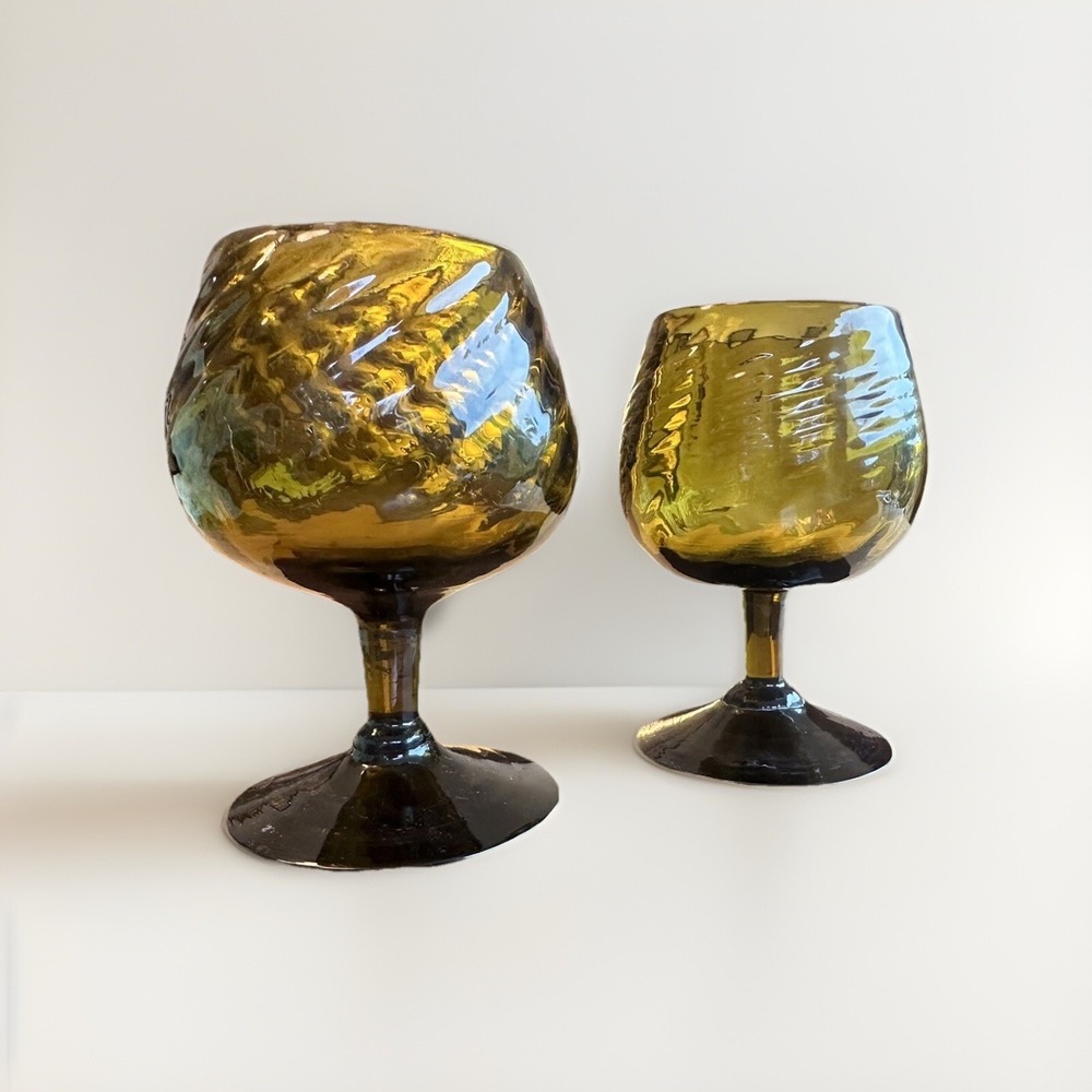 Vintage Handblown Mexican Glass Set Of (2) Cordial Goblets | Golden Brown